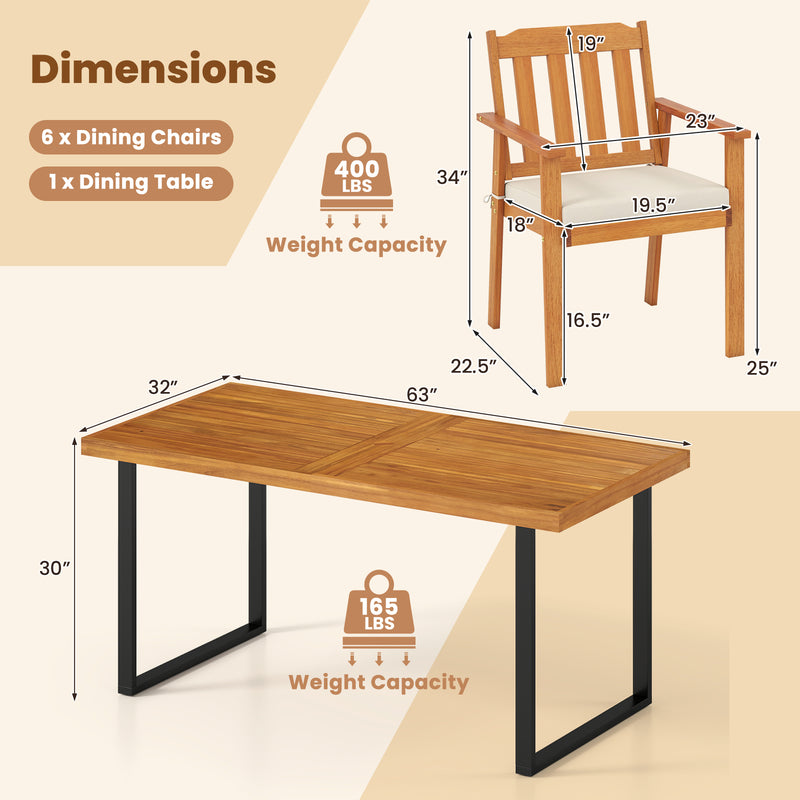 Costway - 7 Pieces Patio Dining Table Set 63” Rectangle Table and 6 Acacia Wood Armchairs