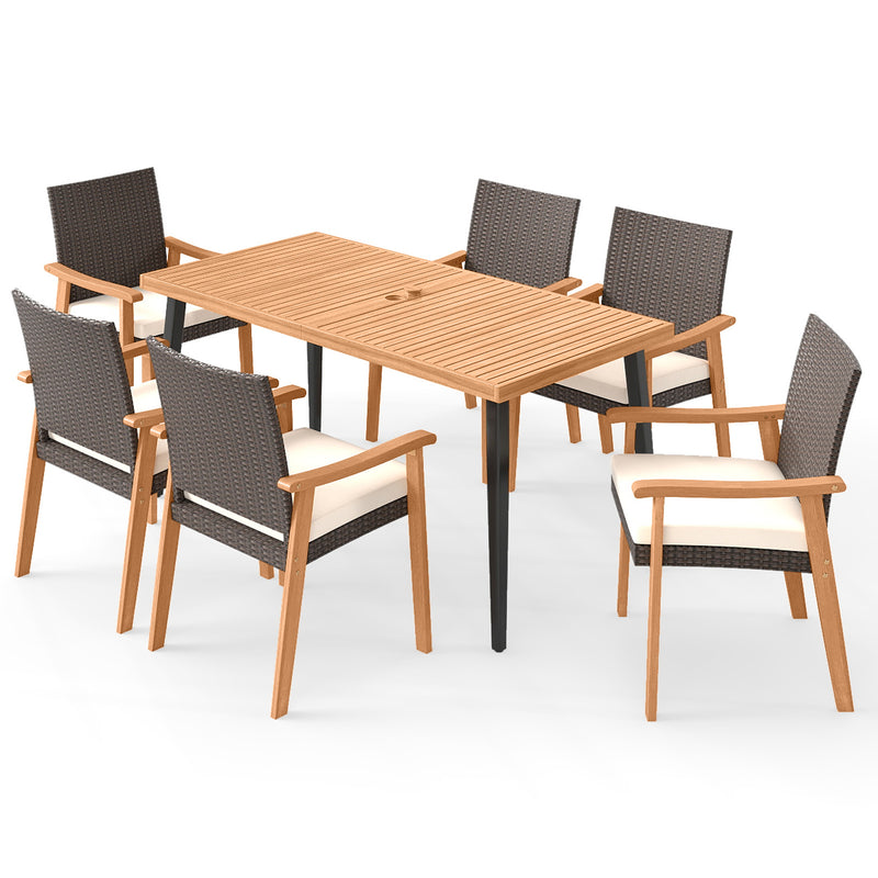 Costway - 7-Pieces Patio Dining Table Set Acacia Wood Table and 6 Armchairs