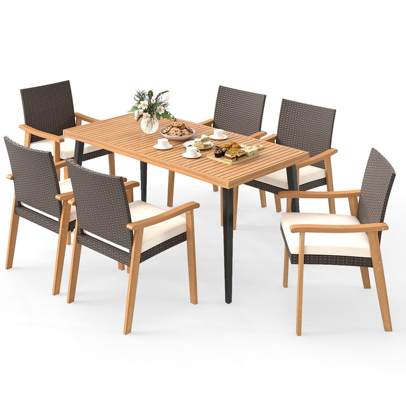 Costway - 7-Pieces Patio Dining Table Set Acacia Wood Table and 6 Armchairs