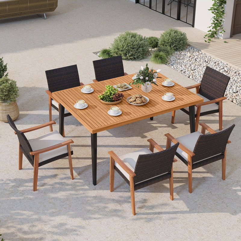 Costway - 7-Pieces Patio Dining Table Set Acacia Wood Table and 6 Armchairs