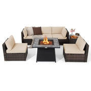 Costway - 7 Pieces Patio Furniture Set with 35 Inches 50000 BTU Propane Gas Fire Pit Table and Waterproof Cover for Firpit-Beige