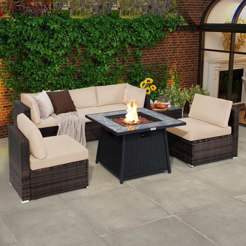 Costway - 7 Pieces Patio Furniture Set with 35 Inches 50000 BTU Propane Gas Fire Pit Table and Waterproof Cover for Firpit-Beige