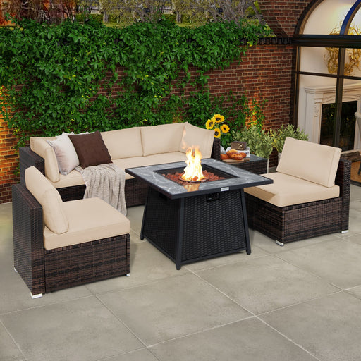 Costway - 7 Pieces Patio Furniture Set with 35 Inches 50000 BTU Propane Gas Fire Pit Table and Waterproof Cover for Firpit-Beige