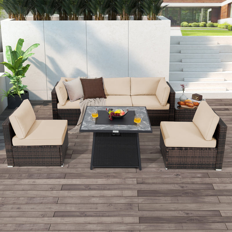 Costway - 7 Pieces Patio Furniture Set with 35 Inches 50000 BTU Propane Gas Fire Pit Table and Waterproof Cover for Firpit-Beige