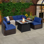 Costway - 7 Pieces Patio Furniture Set with 35 Inches 50000 BTU Propane Gas Fire Pit Table and Waterproof Cover for Firpit-Navy