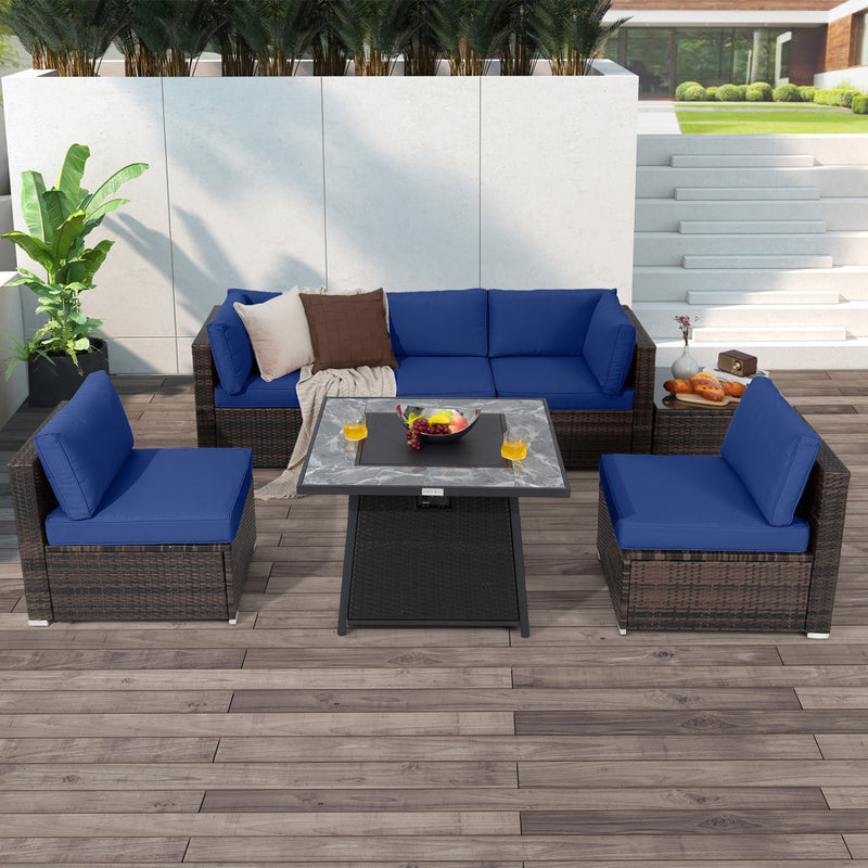 Costway - 7 Pieces Patio Furniture Set with 35 Inches 50000 BTU Propane Gas Fire Pit Table and Waterproof Cover for Firpit-Navy