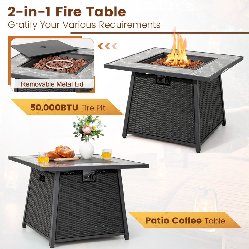 Costway - 7 Pieces Patio Furniture Set with 35 Inches 50000 BTU Propane Gas Fire Pit Table and Waterproof Cover for Firpit-Navy