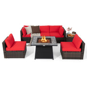 Costway - 7 Pieces Patio Furniture Set with 35 Inches 50000 BTU Propane Gas Fire Pit Table and Waterproof Cover for Firpit-Red