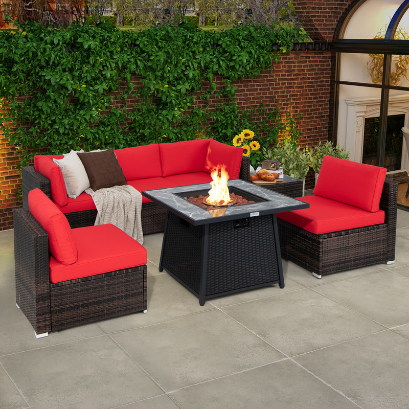 Costway - 7 Pieces Patio Furniture Set with 35 Inches 50000 BTU Propane Gas Fire Pit Table and Waterproof Cover for Firpit-Red