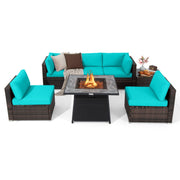 Costway - 7 Pieces Patio Furniture Set with 35 Inches 50000 BTU Propane Gas Fire Pit Table and Waterproof Cover for Firpit-Turquoise