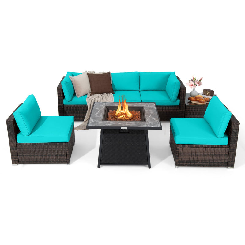 Costway - 7 Pieces Patio Furniture Set with 35 Inches 50000 BTU Propane Gas Fire Pit Table and Waterproof Cover for Firpit-Turquoise