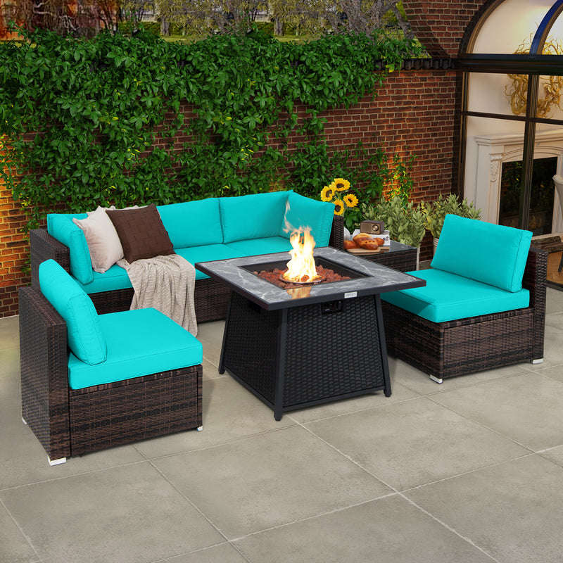 Costway - 7 Pieces Patio Furniture Set with 35 Inches 50000 BTU Propane Gas Fire Pit Table and Waterproof Cover for Firpit-Turquoise