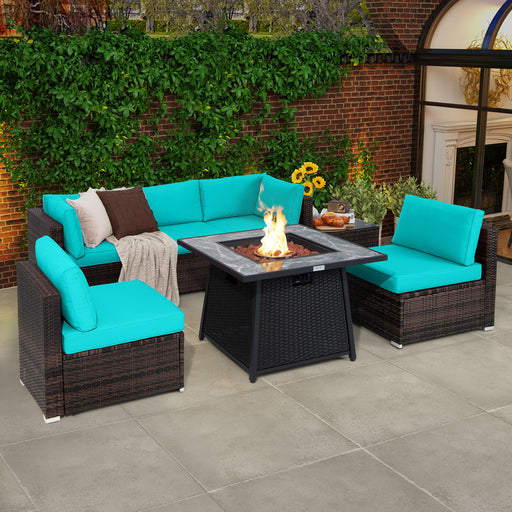 Costway - 7 Pieces Patio Furniture Set with 35 Inches 50000 BTU Propane Gas Fire Pit Table and Waterproof Cover for Firpit-Turquoise
