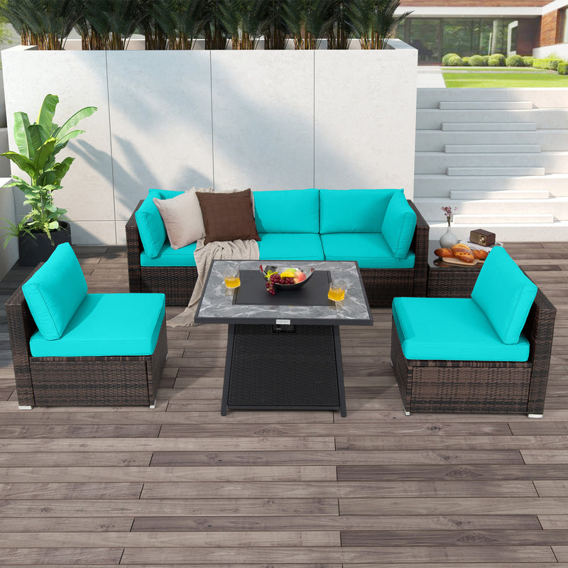 Costway - 7 Pieces Patio Furniture Set with 35 Inches 50000 BTU Propane Gas Fire Pit Table and Waterproof Cover for Firpit-Turquoise