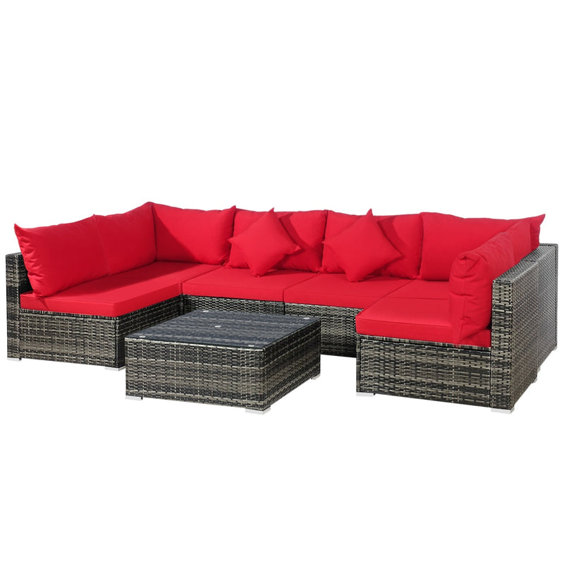 Costway - 7 Pieces Patio Rattan Furniture Set Sectional Sofa Garden Cushion-Red