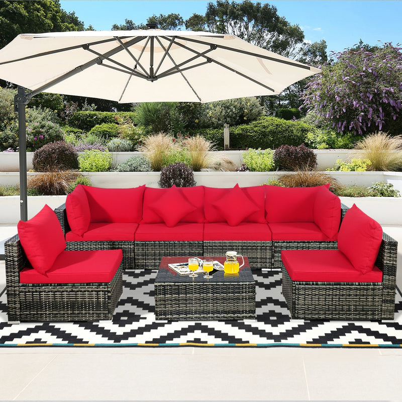 Costway - 7 Pieces Patio Rattan Furniture Set Sectional Sofa Garden Cushion-Red