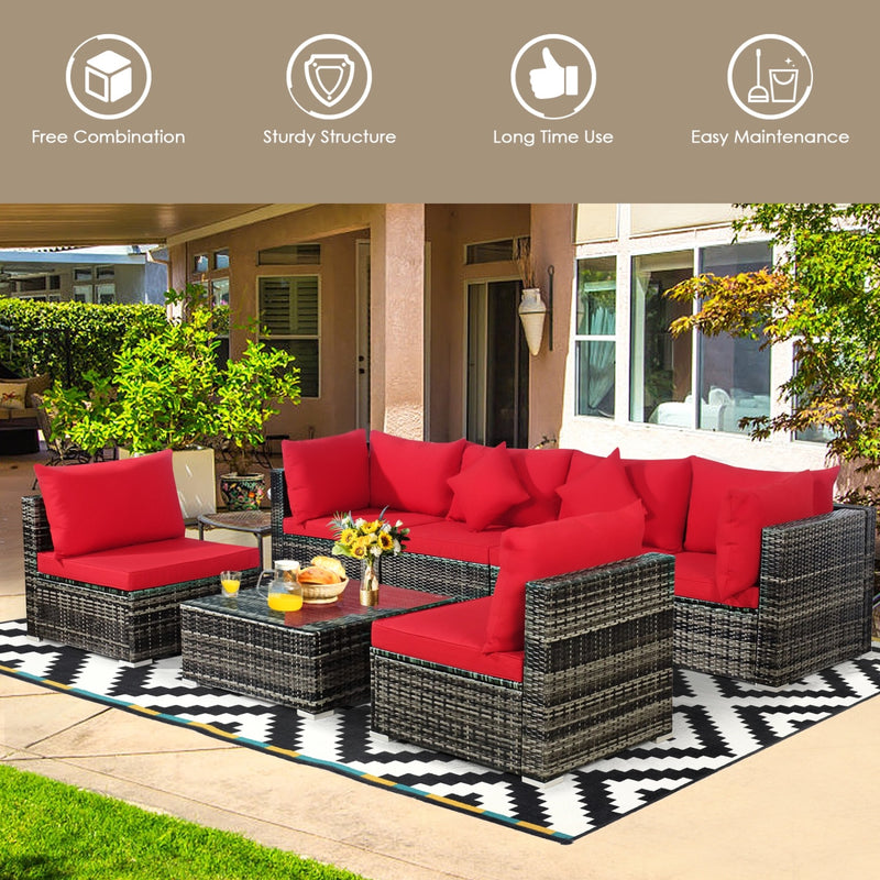 Costway - 7 Pieces Patio Rattan Furniture Set Sectional Sofa Garden Cushion-Red