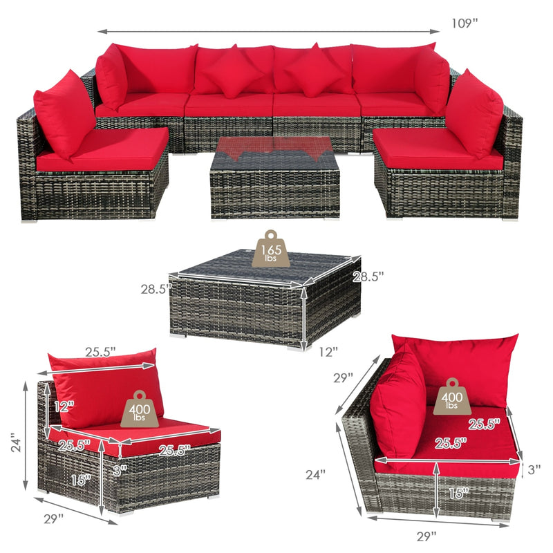 Costway - 7 Pieces Patio Rattan Furniture Set Sectional Sofa Garden Cushion-Red
