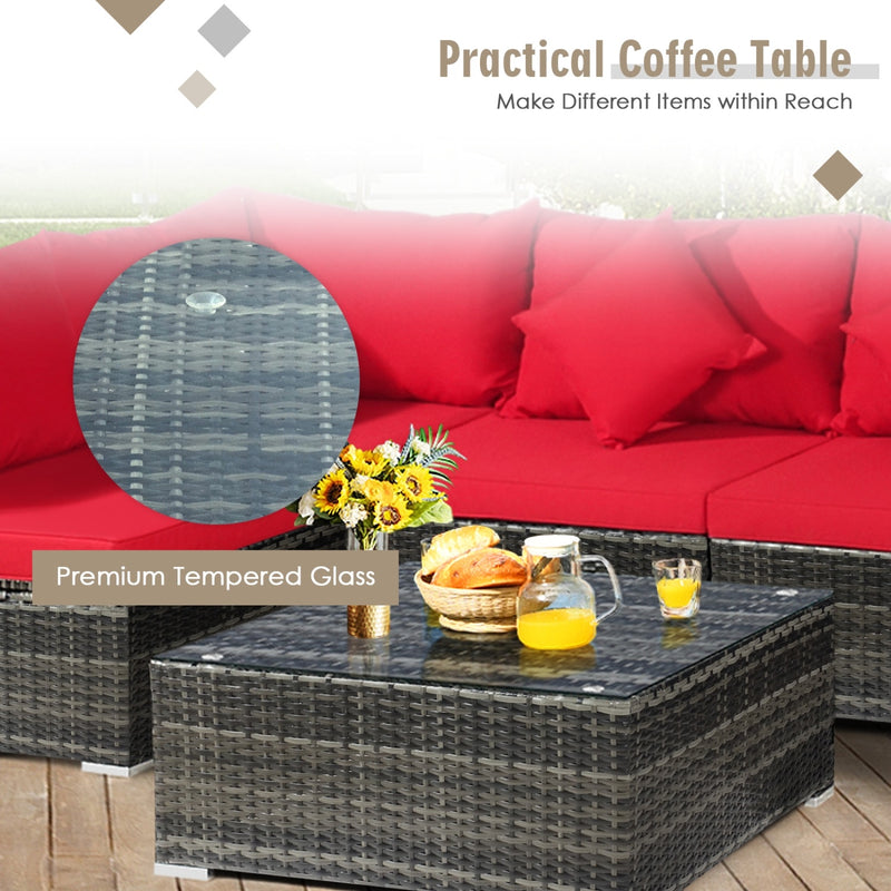Costway - 7 Pieces Patio Rattan Furniture Set Sectional Sofa Garden Cushion-Red