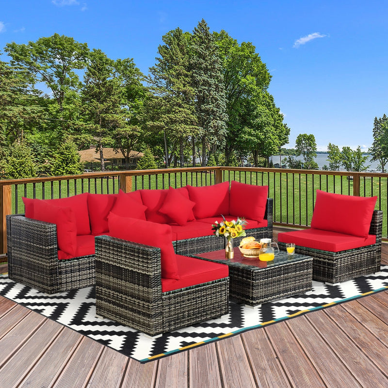 Costway - 7 Pieces Patio Rattan Furniture Set Sectional Sofa Garden Cushion-Red