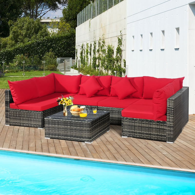 Costway - 7 Pieces Patio Rattan Furniture Set Sectional Sofa Garden Cushion-Red