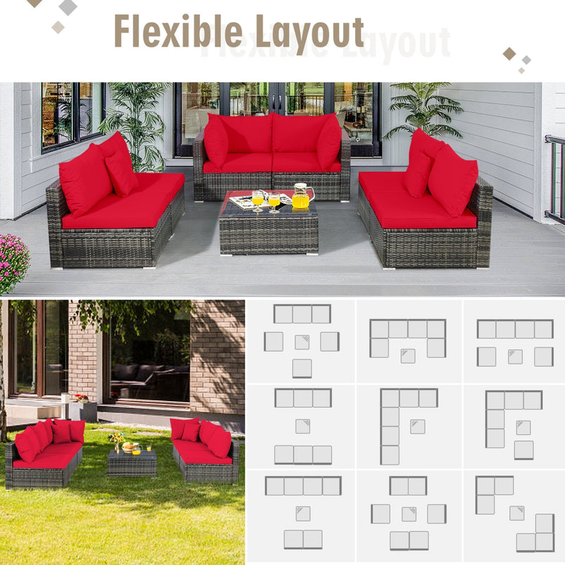 Costway - 7 Pieces Patio Rattan Furniture Set Sectional Sofa Garden Cushion-Red