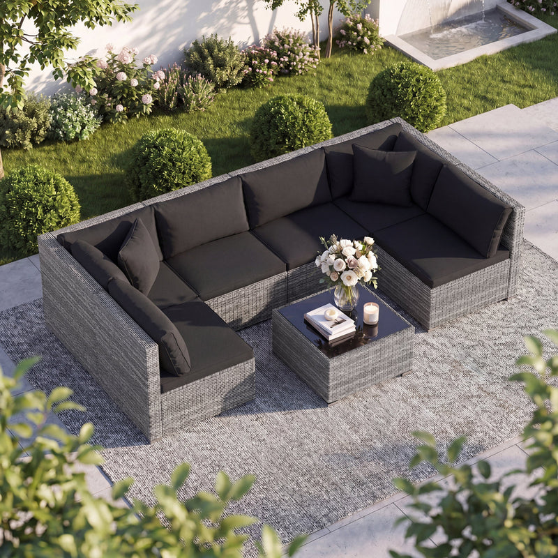 Costway - 7 Pieces Patio Rattan Furniture Set with Sectional Sofa Cushioned-Black