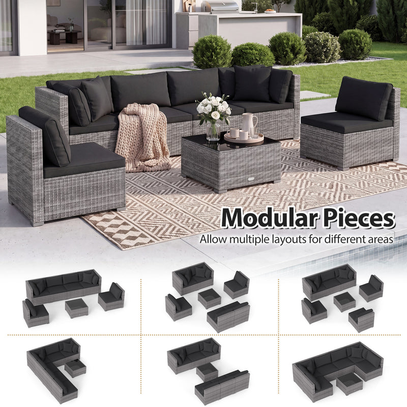 Costway - 7 Pieces Patio Rattan Furniture Set with Sectional Sofa Cushioned-Black