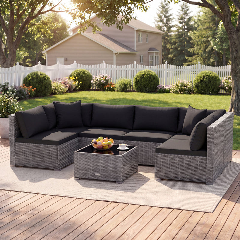 Costway - 7 Pieces Patio Rattan Furniture Set with Sectional Sofa Cushioned-Black
