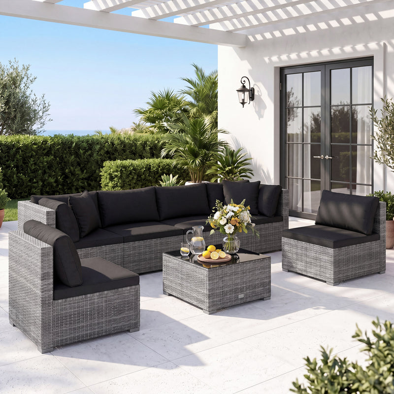 Costway - 7 Pieces Patio Rattan Furniture Set with Sectional Sofa Cushioned-Black