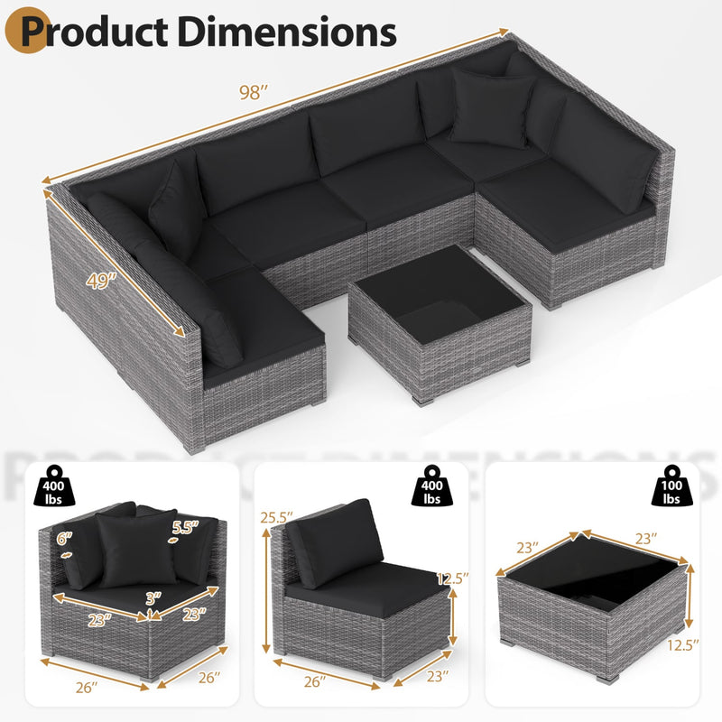 Costway - 7 Pieces Patio Rattan Furniture Set with Sectional Sofa Cushioned-Black