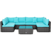 Costway - 7 Pieces Patio Rattan Furniture Set with Sectional Sofa Cushioned-Turquoise