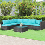 Costway - 7 Pieces Patio Rattan Furniture Set with Sectional Sofa Cushioned-Turquoise