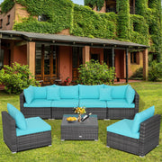 Costway - 7 Pieces Patio Rattan Furniture Set with Sectional Sofa Cushioned-Turquoise