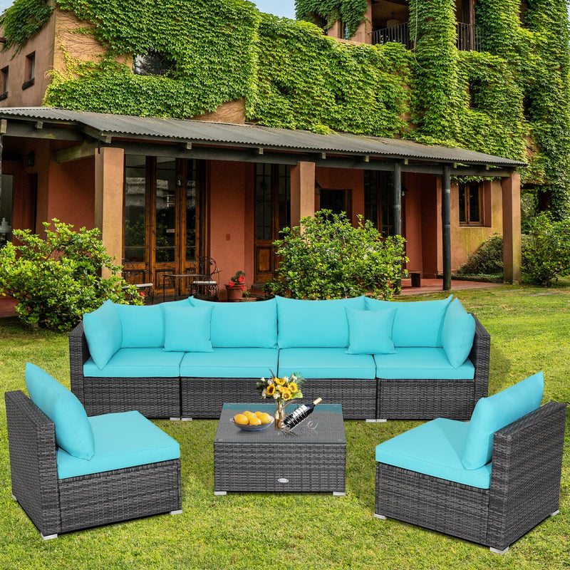 Costway - 7 Pieces Patio Rattan Furniture Set with Sectional Sofa Cushioned-Turquoise