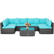 Costway - 7 Pieces Patio Rattan Furniture Set with Sectional Sofa Cushioned-Turquoise