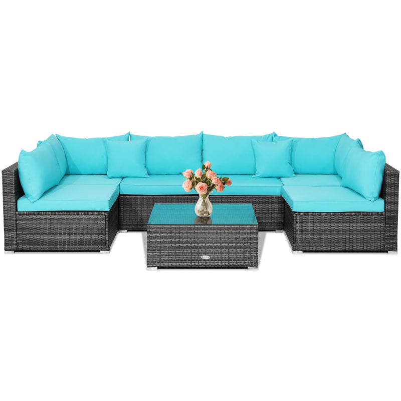 Costway - 7 Pieces Patio Rattan Furniture Set with Sectional Sofa Cushioned-Turquoise