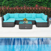 Costway - 7 Pieces Patio Rattan Furniture Set with Sectional Sofa Cushioned-Turquoise