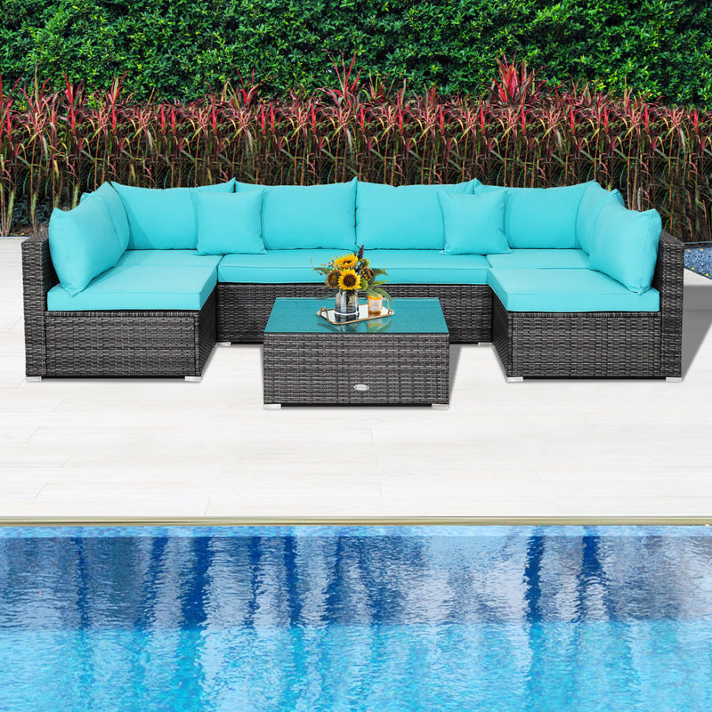 Costway - 7 Pieces Patio Rattan Furniture Set with Sectional Sofa Cushioned-Turquoise