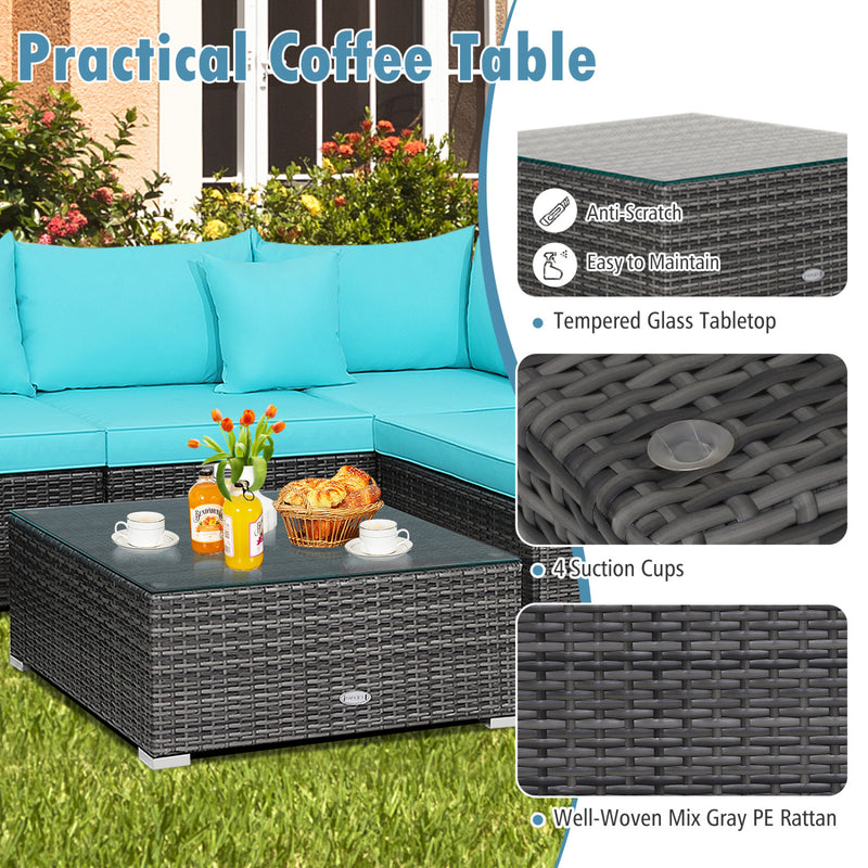 Costway - 7 Pieces Patio Rattan Furniture Set with Sectional Sofa Cushioned-Turquoise