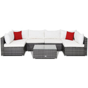 Costway - 7 Pieces Patio Rattan Furniture Set Sectional Sofa Garden Cushion-White