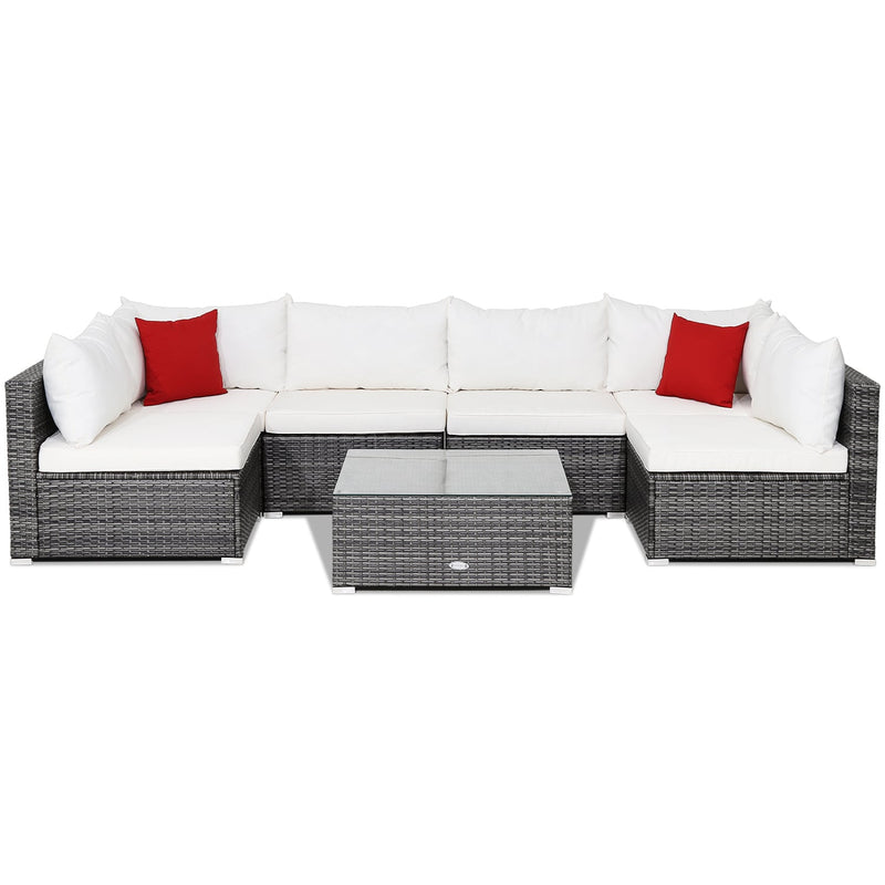 Costway - 7 Pieces Patio Rattan Furniture Set Sectional Sofa Garden Cushion-White