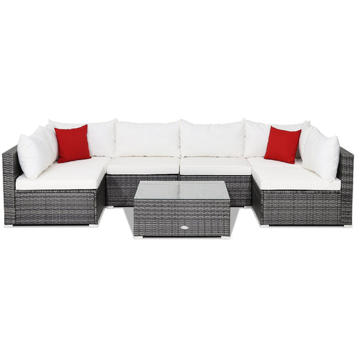 Costway - 7 Pieces Patio Rattan Furniture Set Sectional Sofa Garden Cushion-White