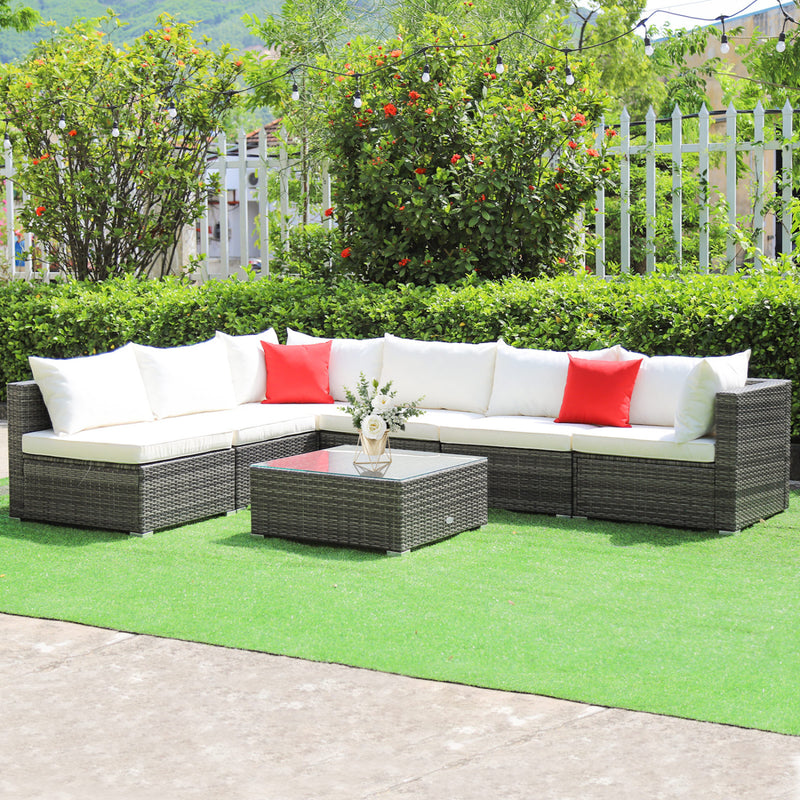 Costway - 7 Pieces Patio Rattan Furniture Set Sectional Sofa Garden Cushion-White