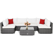 Costway - 7 Pieces Patio Rattan Furniture Set Sectional Sofa Garden Cushion-White
