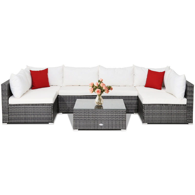 Costway - 7 Pieces Patio Rattan Furniture Set Sectional Sofa Garden Cushion-White