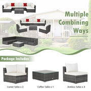 Costway - 7 Pieces Patio Rattan Furniture Set Sectional Sofa Garden Cushion-White