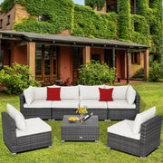 Costway - 7 Pieces Patio Rattan Furniture Set Sectional Sofa Garden Cushion-White