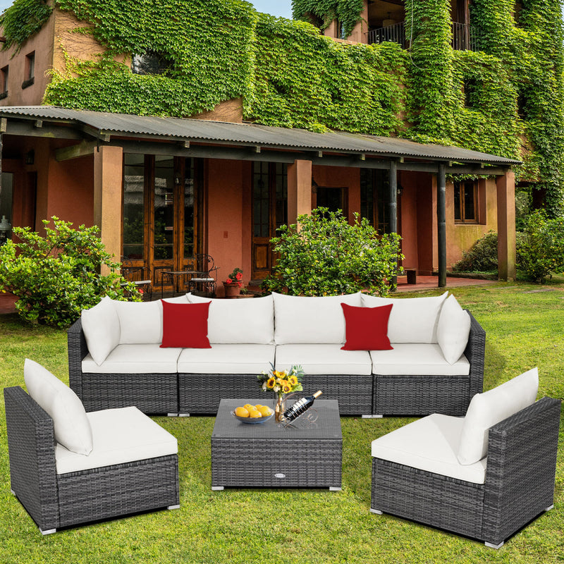 Costway - 7 Pieces Patio Rattan Furniture Set Sectional Sofa Garden Cushion-White