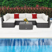 Costway - 7 Pieces Patio Rattan Furniture Set Sectional Sofa Garden Cushion-White